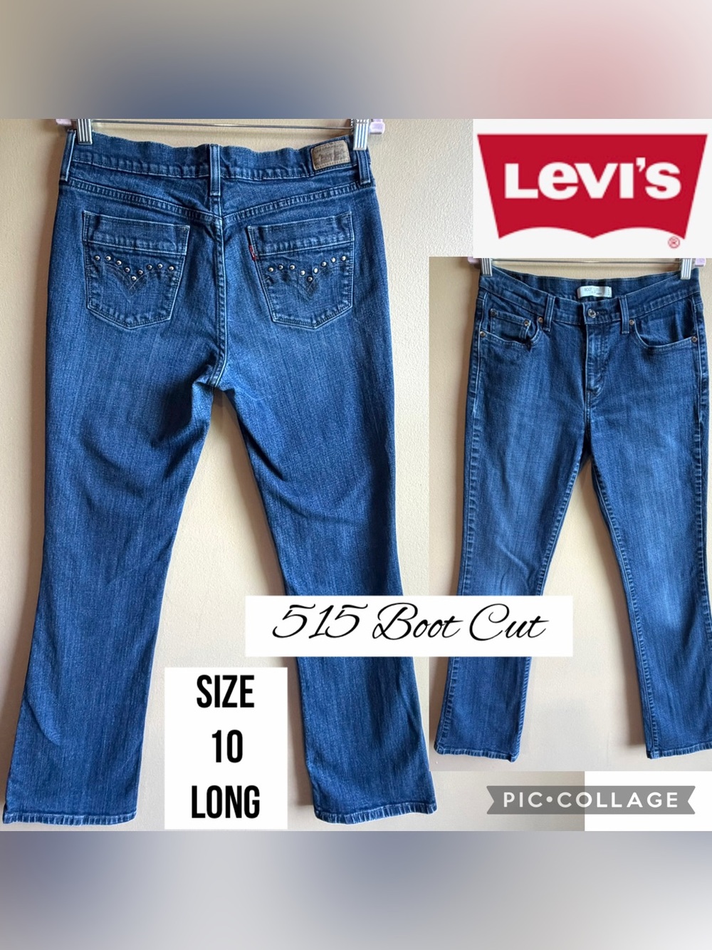 Levis Womens Jeans 515 Boot Cut Mid Rise Studded Pockets 32” Inseam Size 10 LONG